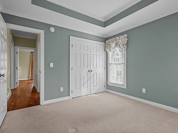 Bedroom with a tray ceiling, soft blue-gray walls, neutral carpet, and a tall window