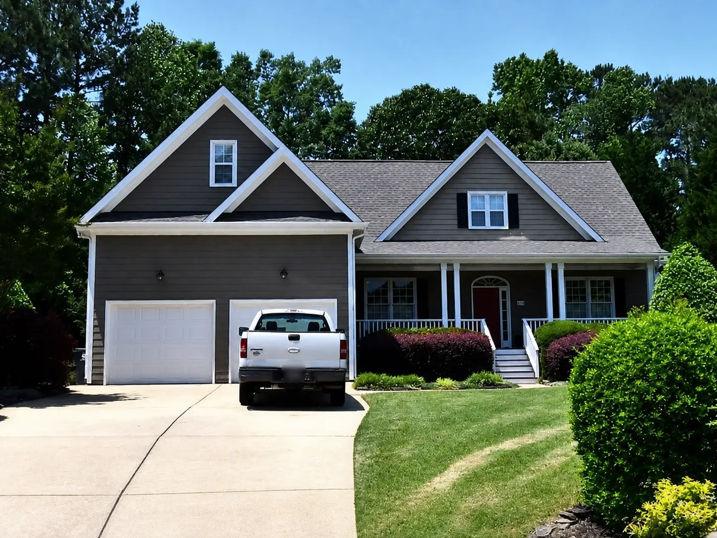 Charcoal-gray home with a deep porch and two-car garage